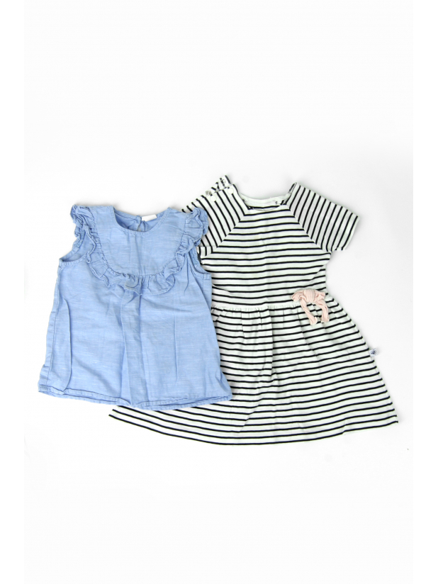 H&M蓝色无袖衬衫+ 法国小帆船黑白条纹连衣裙