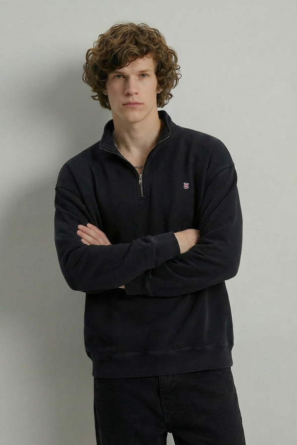 LoveQ立领半拉链洗水卫衣黑色