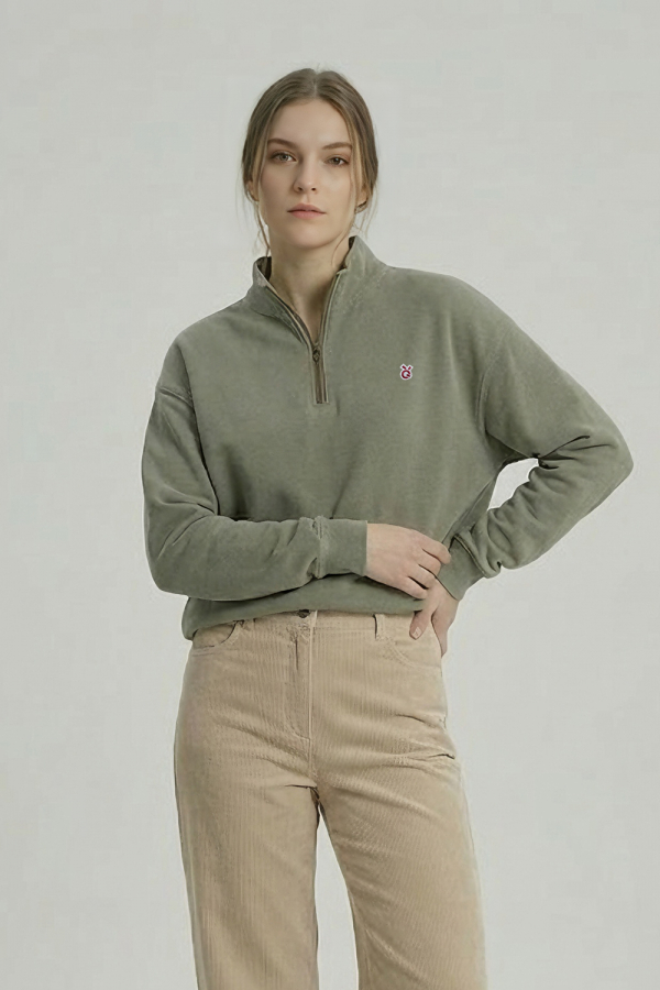 LoveQ立领半拉链洗水卫衣浅棕色